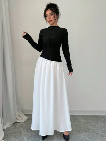 Women's Colorblock Long Sleeve Midi Floral Dress, Autumn/Winter