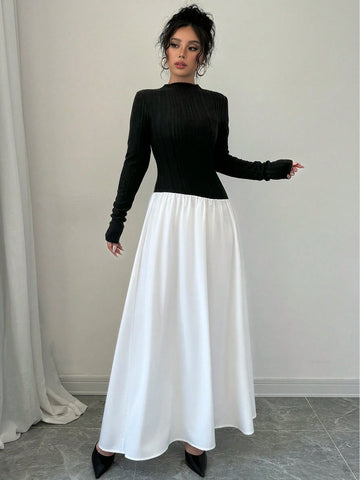 Women's Colorblock Long Sleeve Midi Floral Dress, Autumn/Winter