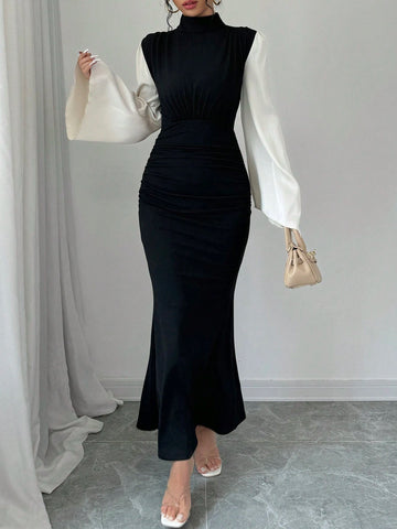 Women's Colorblock Splice Stand Collar Long Sleeve Minimalist Long Casual Dress