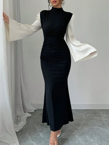 Women's Colorblock Splice Stand Collar Long Sleeve Minimalist Long Casual Dress
