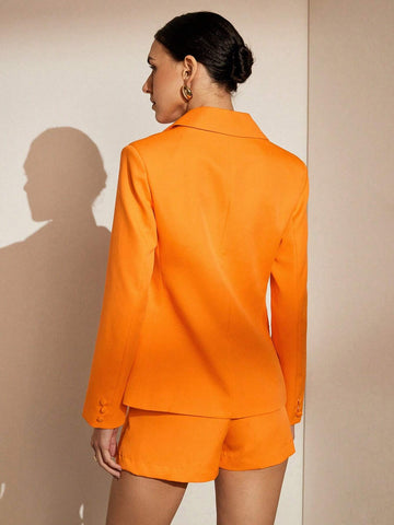 Women's Commute Style Long Sleeve Buttoned Lapel Cardigan Blazer Jacket And Wide Waist Belted Shorts Suit