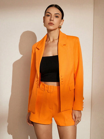 Women's Commute Style Long Sleeve Buttoned Lapel Cardigan Blazer Jacket And Wide Waist Belted Shorts Suit