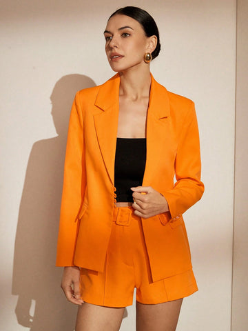 Women's Commute Style Long Sleeve Buttoned Lapel Cardigan Blazer Jacket And Wide Waist Belted Shorts Suit