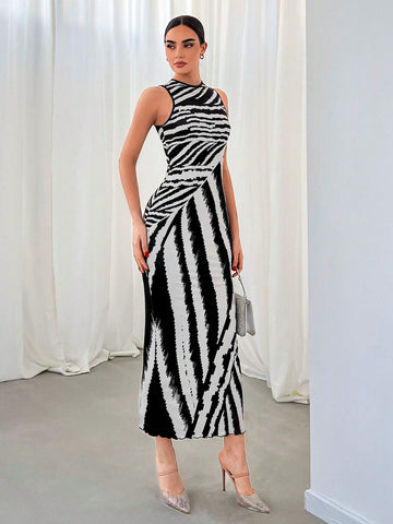Women's Commute & High Street Style Zebra Stripe Black And White Knit Printed Vest Dress, Slim Fit, Long Enough To Cover The Hip