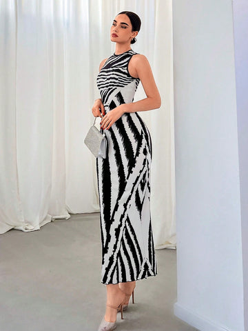 Women's Commute & High Street Style Zebra Stripe Black And White Knit Printed Vest Dress, Slim Fit, Long Enough To Cover The Hip