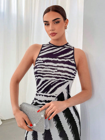 Women's Commute & High Street Style Zebra Stripe Black And White Knit Printed Vest Dress, Slim Fit, Long Enough To Cover The Hip