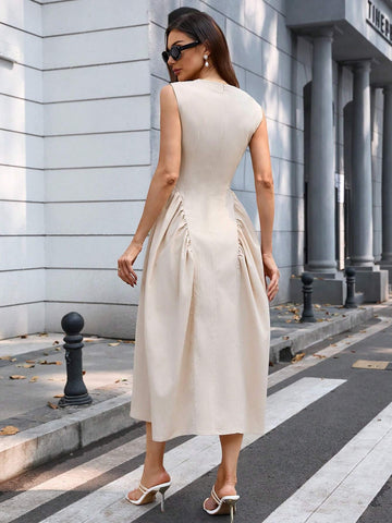 Women's Commuting High-Waisted Long Dress With Pleats And Wrinkles At Both Sides