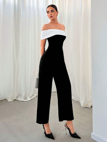 Women's Contrast Color One Shoulder Jumpsuit For Romantic Date, Party, Commuting