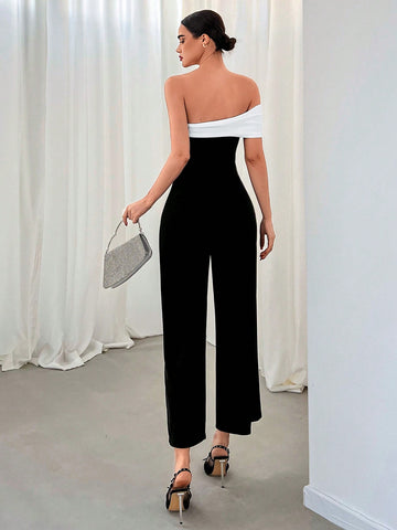 Women's Contrast Color One Shoulder Jumpsuit For Romantic Date, Party, Commuting