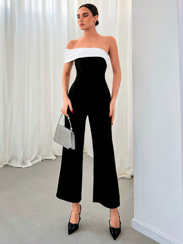 Women's Contrast Color One Shoulder Jumpsuit For Romantic Date, Party, Commuting