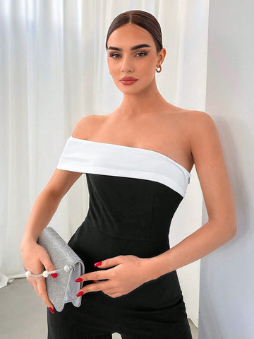 Women's Contrast Color One Shoulder Jumpsuit For Romantic Date, Party, Commuting