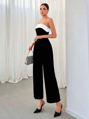 Women's Contrast Color One Shoulder Jumpsuit For Romantic Date, Party, Commuting