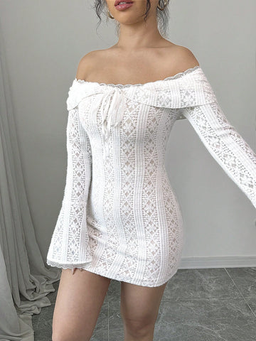 Women's Contrast Lace Off-Shoulder Long Sleeve Tie Front Elegant Short Dress
