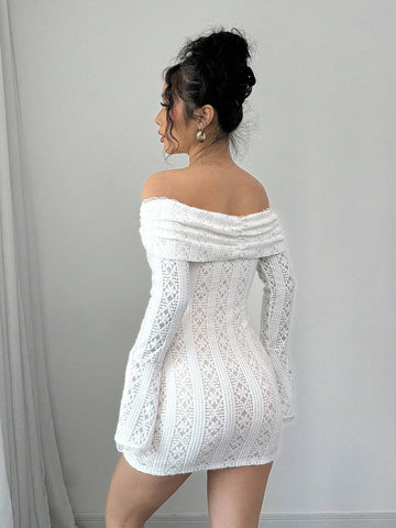 Women's Contrast Lace Off-Shoulder Long Sleeve Tie Front Elegant Short Dress