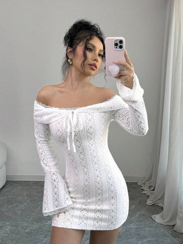 Women's Contrast Lace Off-Shoulder Long Sleeve Tie Front Elegant Short Dress