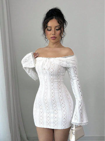 Women's Contrast Lace Off-Shoulder Long Sleeve Tie Front Elegant Short Dress