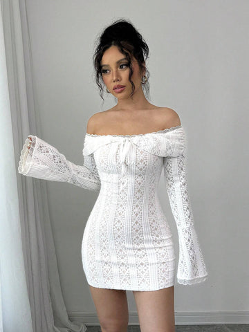 Women's Contrast Lace Off-Shoulder Long Sleeve Tie Front Elegant Short Dress