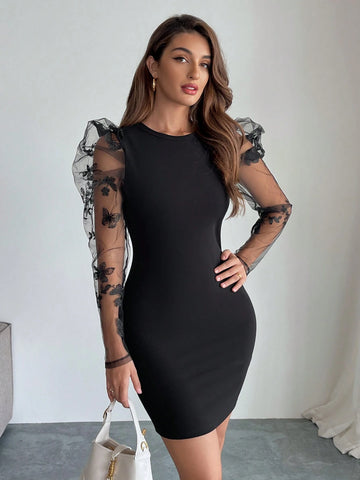 Women's Contrast Mesh Bishop Sleeve Bodycon Mini Dress, Black