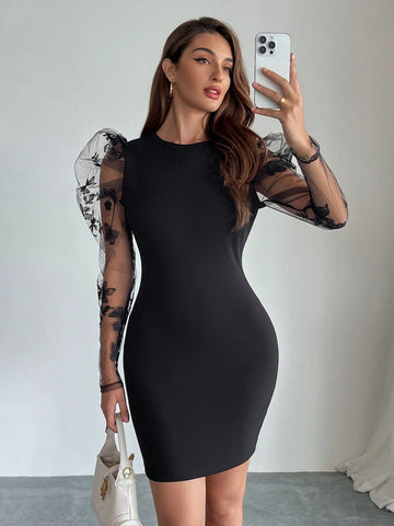 Women's Contrast Mesh Bishop Sleeve Bodycon Mini Dress, Black