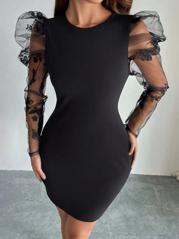 Women's Contrast Mesh Bishop Sleeve Bodycon Mini Dress, Black