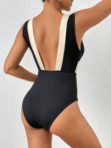 Women's Contrasting Color Metal Waist Belt Bodysuit