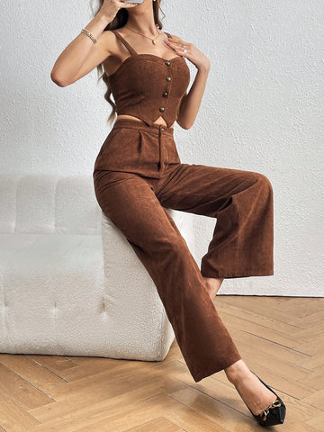 Women's Corduroy Button Up Camisole Top And Wide Leg Pants Two Pieces Set