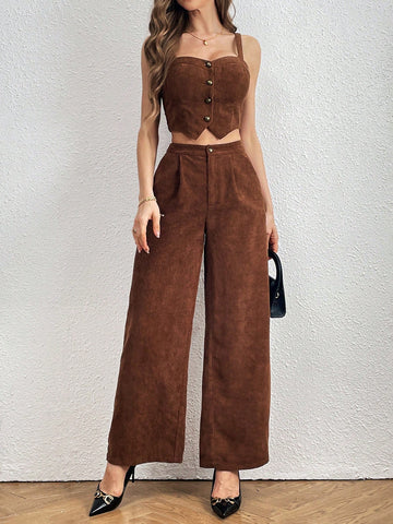 Women's Corduroy Button Up Camisole Top And Wide Leg Pants Two Pieces Set