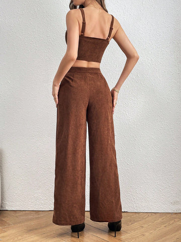 Women's Corduroy Button Up Camisole Top And Wide Leg Pants Two Pieces Set