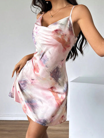 Women's Cowl Neck Satin Spaghetti Strap Crop Summer Dress