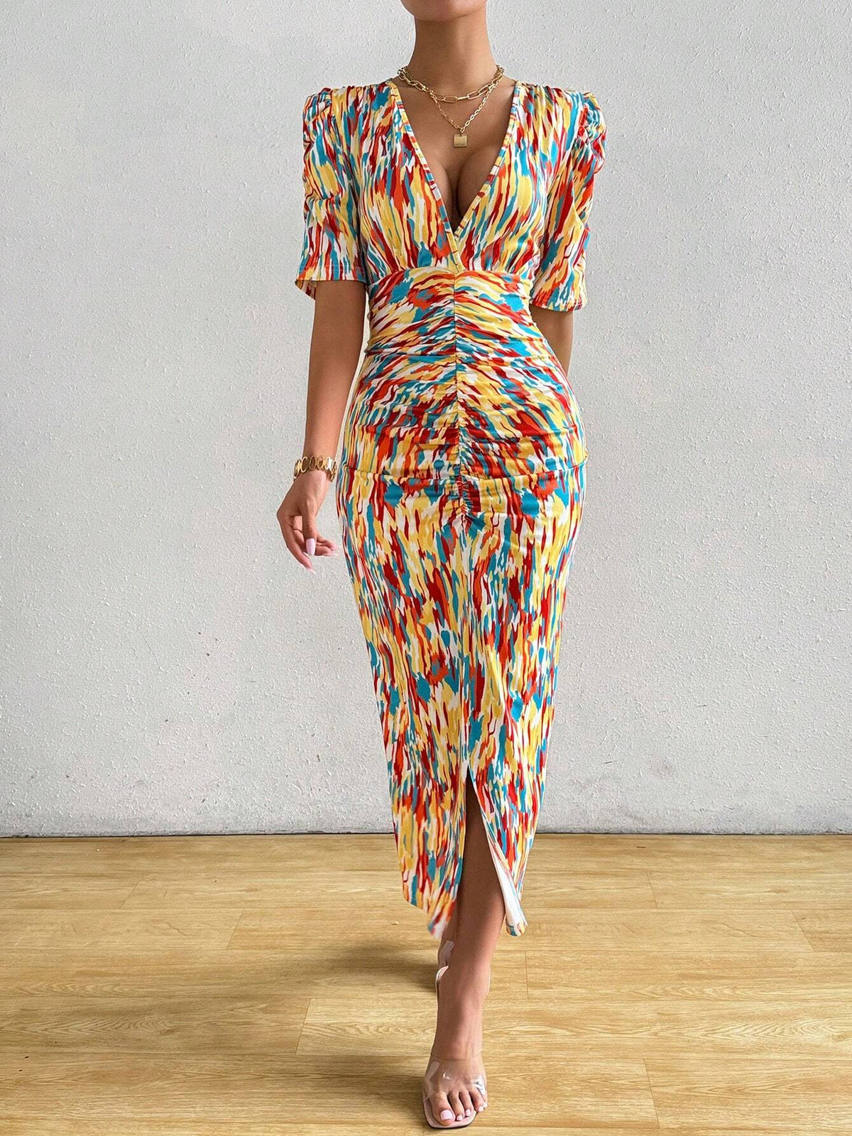 Women's Deep V-Neck Pleated High Slit All-Over Allover Print Summer Short Sleeve Dress