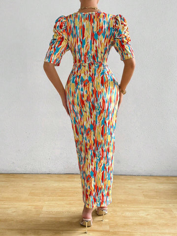 Women's Deep V-Neck Pleated High Slit All-Over Allover Print Summer Short Sleeve Dress