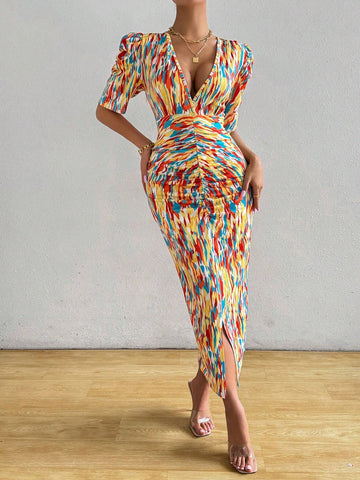 Women's Deep V-Neck Pleated High Slit All-Over Allover Print Summer Short Sleeve Dress