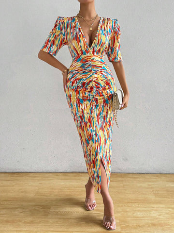 Women's Deep V-Neck Pleated High Slit All-Over Allover Print Summer Short Sleeve Dress