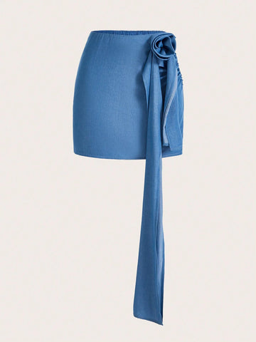 Privé Women's Denim-Like Short Rose Print Bodycon Skirt