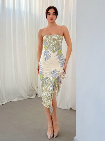 Women's Digital Flower Printed Strapless Dress With Frill Hem
