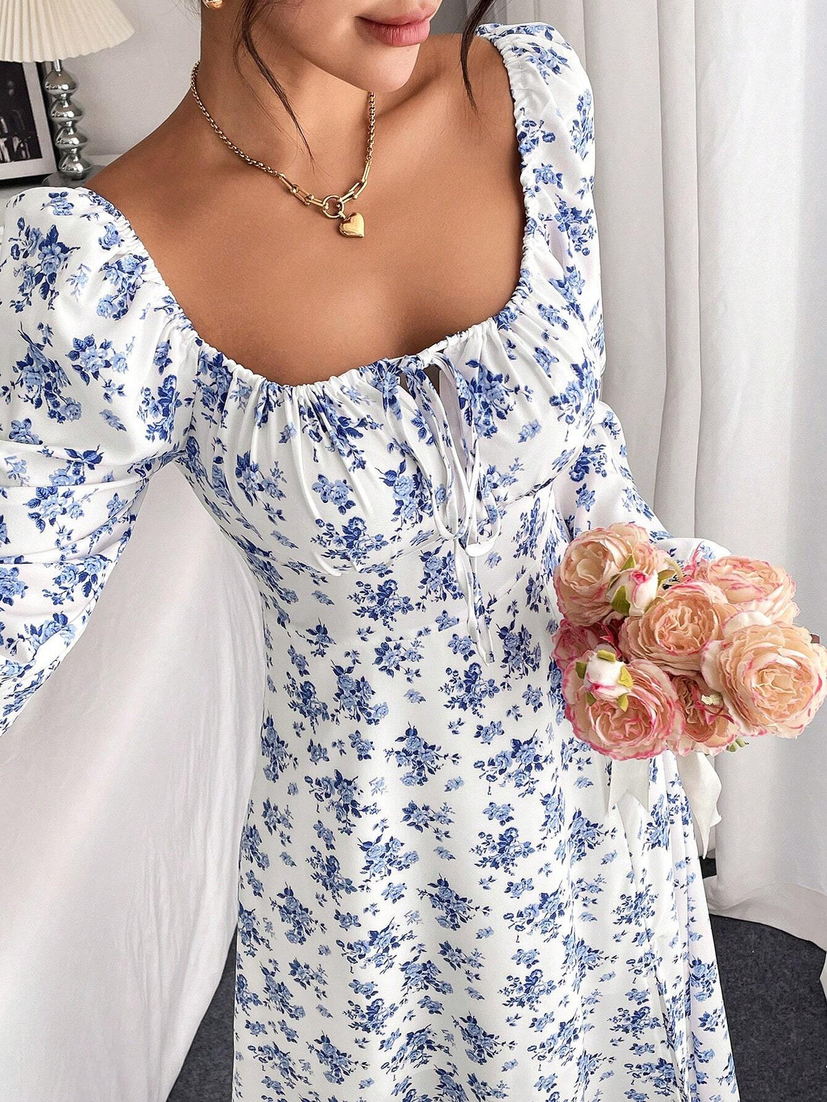 Women's Ditsy Floral Square Neck High Slit Long Sleeve Dress
