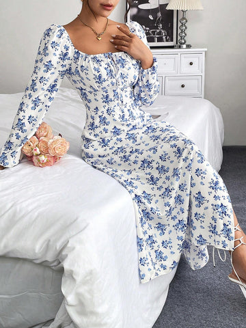 Women's Ditsy Floral Square Neck High Slit Long Sleeve Dress
