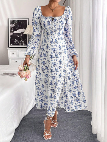 Women's Ditsy Floral Square Neck High Slit Long Sleeve Dress