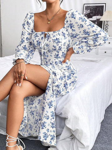 Women's Ditsy Floral Square Neck High Slit Long Sleeve Dress