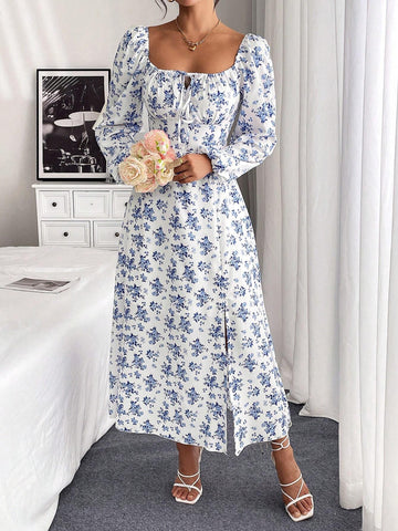 Women's Ditsy Floral Square Neck High Slit Long Sleeve Dress