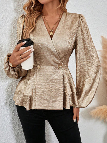 Privé Women's Double-Breasted Metallic Fabric Long Sleeve Ruffle Hem Fitted Blouse