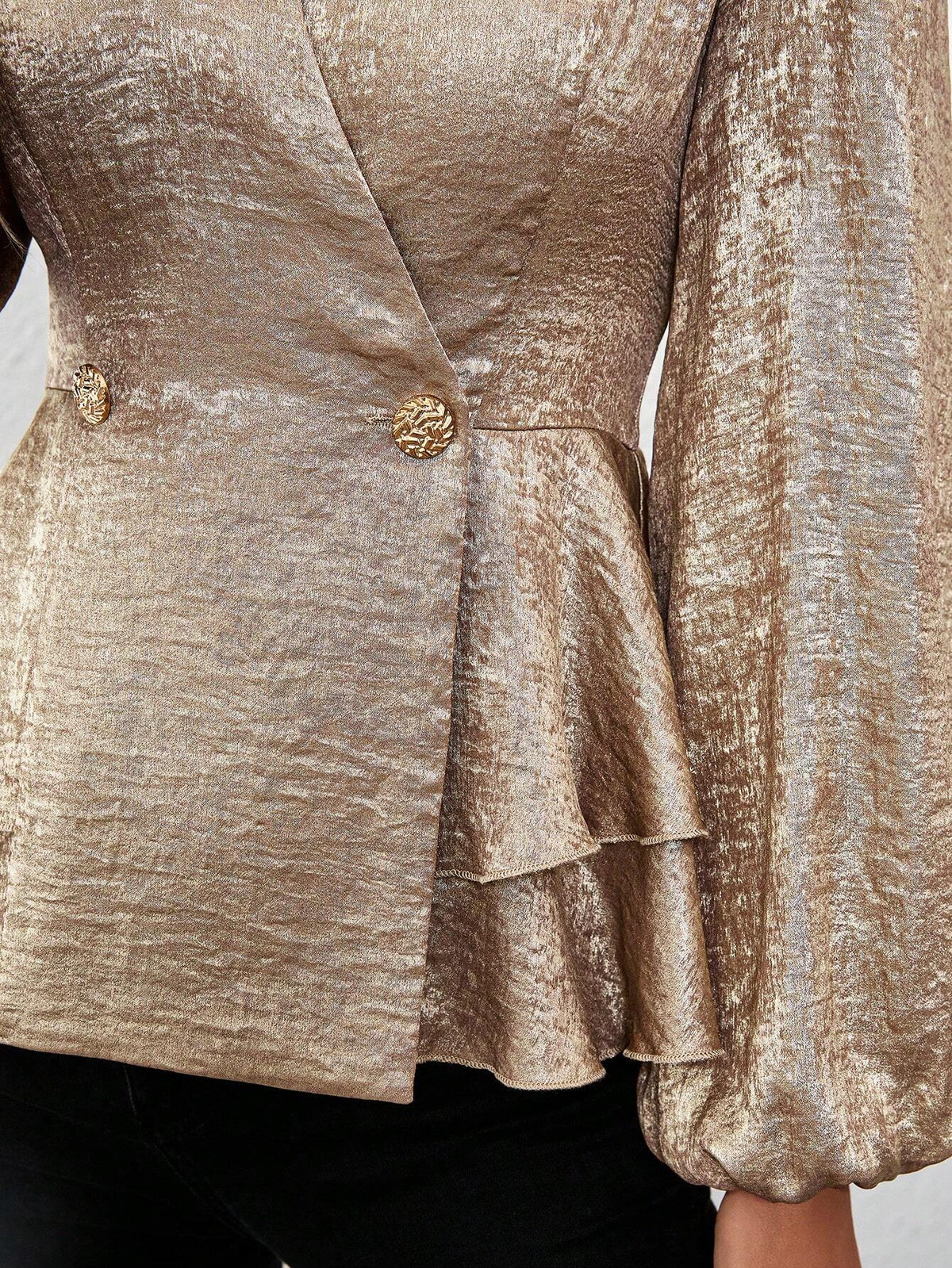 Privé Women's Double-Breasted Metallic Fabric Long Sleeve Ruffle Hem Fitted Blouse