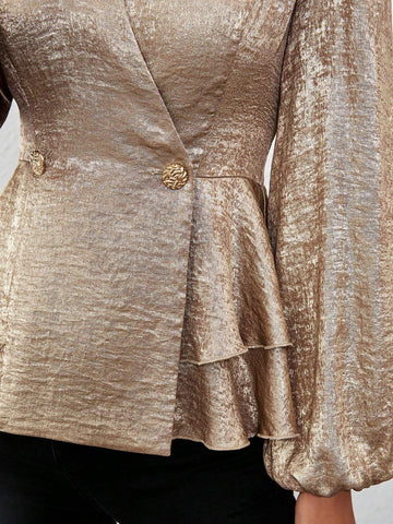 Privé Women's Double-Breasted Metallic Fabric Long Sleeve Ruffle Hem Fitted Blouse