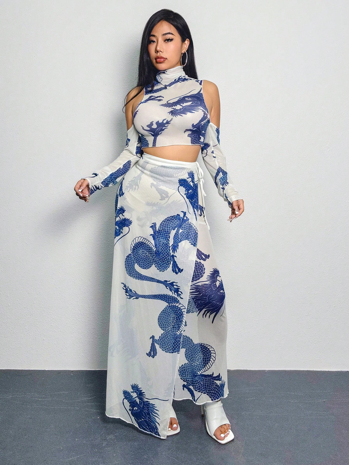 Women's Dragon Pattern Full Print Mesh Fashionable 2pcs Set