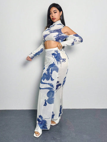 Women's Dragon Pattern Full Print Mesh Fashionable 2pcs Set