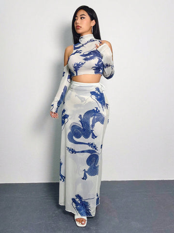 Women's Dragon Pattern Full Print Mesh Fashionable 2pcs Set