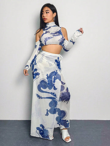 Women's Dragon Pattern Full Print Mesh Fashionable 2pcs Set