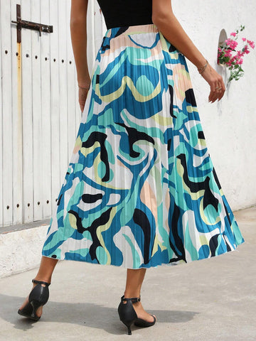 Privé Women's Elastic Waist Printed Casual Pleated Skirt
