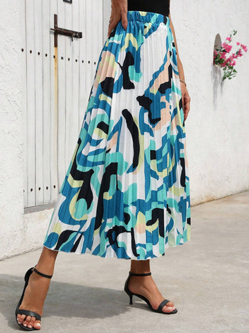 Privé Women's Elastic Waist Printed Casual Pleated Skirt