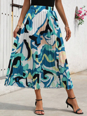 Privé Women's Elastic Waist Printed Casual Pleated Skirt